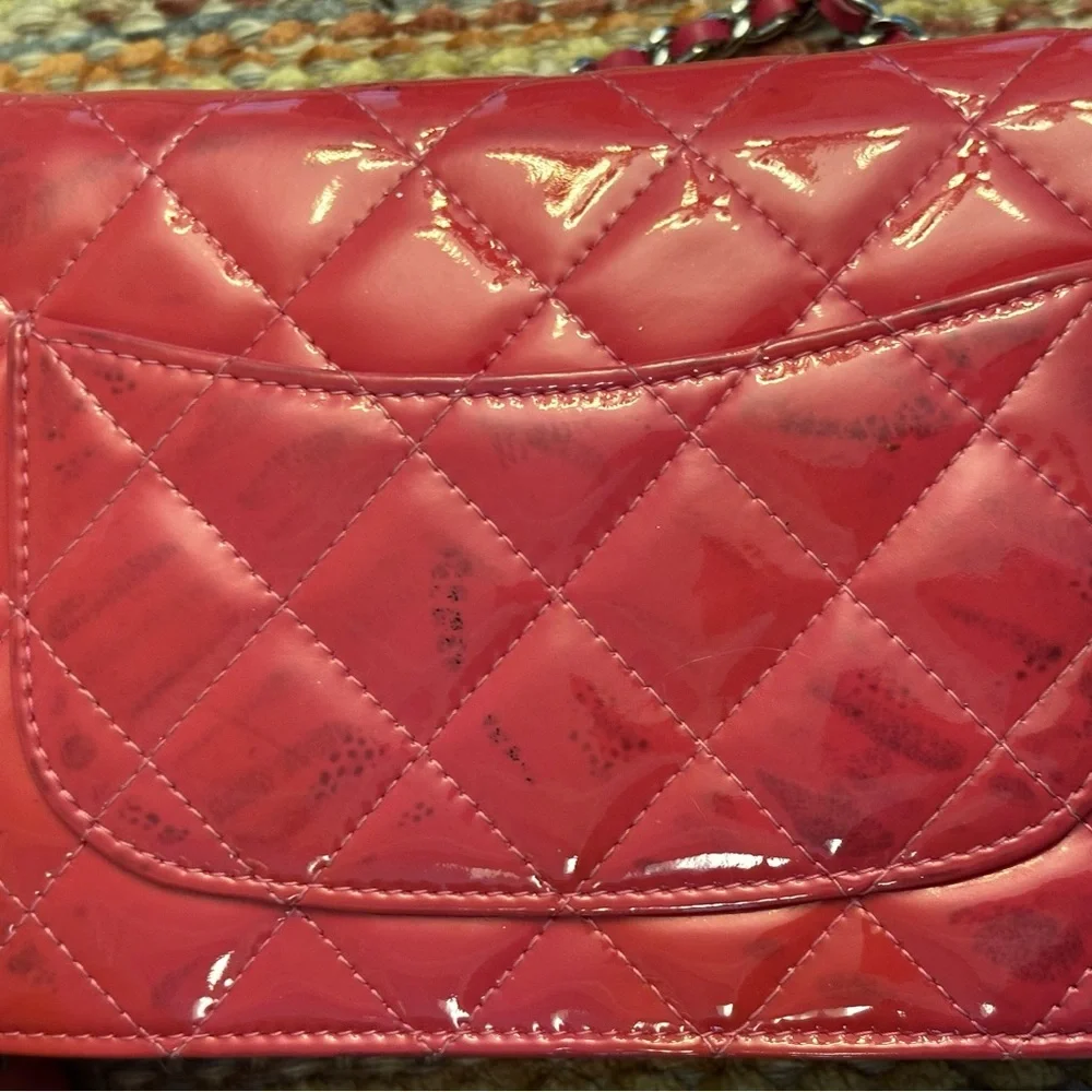 CHANEL Patent Calfskin Quilted Wallet On Chain WOC Strawberry Pink 🍓 - Picture 7 of 16